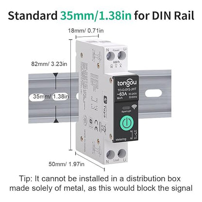 Smart Home DIN Rail WiFi Switch, 1P+N 1‑63A, Over-Current Protection, Tuya/Smart Life Remote Control, Voice Control via Alexa &Google Assistant, Energy Monitor, Timer Functions, FCC Certified