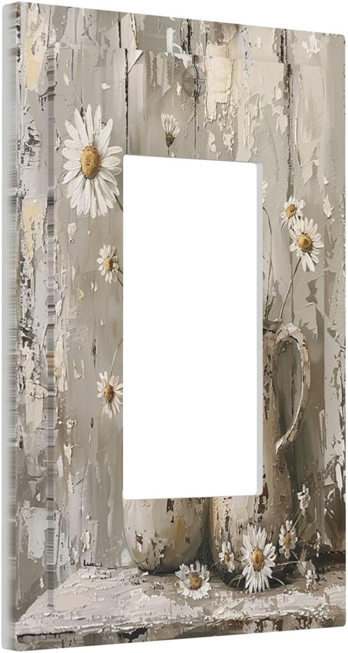 Decorative Outlet Covers Vintage Rustic Floral White Daisy Flower Oil Painting Style 1 Gang Single Rocker Light Switch Cover Plate Wall Plates GFCI Faceplate for Home Farmhouse Decor