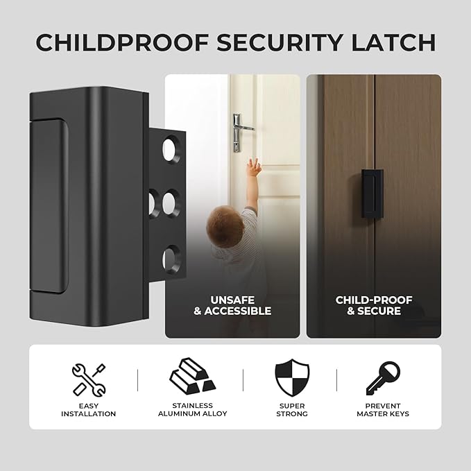 4Pack Home Security Door Reinforcement Lock Childproof, Door Locks for Kids Safety, Door Lock Latch Stopper for Front Door Inside Top of Door, Aluminum Construction Finish