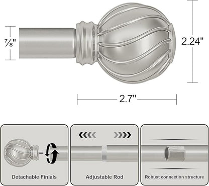 Silver Curtain Rods for Windows 66 to 120 Inch 7/8" Diamete Heavy Duty Adjustable Window Curtain Rod with Decorative Finials for Farmhouse Bedroom Living Room Kitchen Outdoor