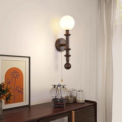 Wood Wall Sconce,Industrial Globe Wall Sconce,Modern Bedroom Vanity Wall Light fixtures with White Globe Glass Lampshade for Living Room、dinging Room