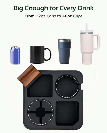 Couch Cup Holder Tray, Acacia Wood Couch Caddy With Cup Holder, Non-Slip Couch Organizer for Drinks, Snacks Remotes, Rounded Corners And Mug Slot Black