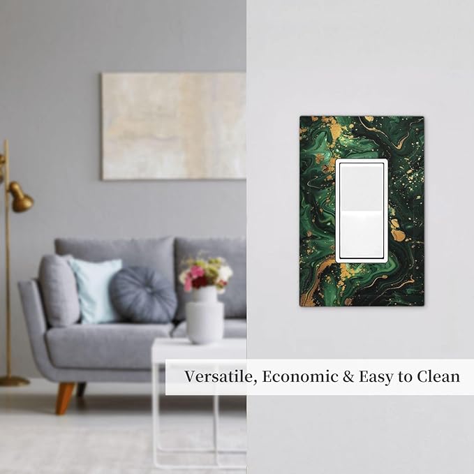 Green/Gold Modern Abstract Luxury Marble 1 Gang Wall Plates Single Rocker Light Switch Covers Decorative Switch Plates Electrical GFCI Panel Covers for Home Office Decor 5 x 3 IN