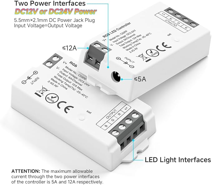 C03RF LED Controller Support PWM 5050SMD COB RGB (+ R G B) 4pin LED Strip Light Compatible with LM096 WR01RF RC03RF RF Remote DC5V/DC12V/DC24V Max 12A Indoor Use Only