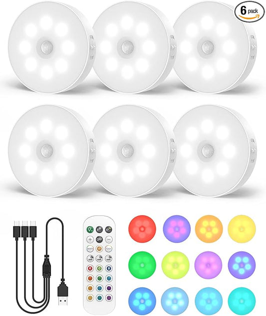 6-Pack RGB Rechargeable Puck Lights with Remote, 13 Color Motion Sensor Puck Lights, Magnetic Stick on Light, Dimmable Under Cabinet Lights for Shelf, Bedroom, Kitchen