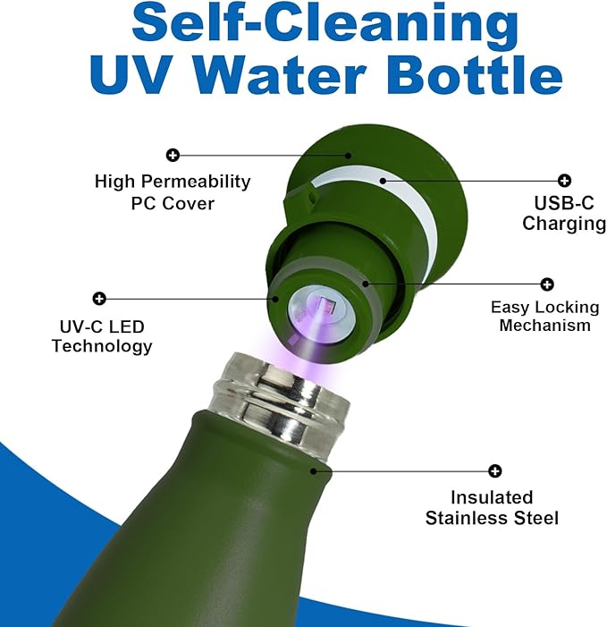27 oz Smart Self Cleaning Water Large Bottle Slate 304 Stainless Steel Insulated Light Purifying Bottle LED + Activated-Carbon Filter USB-C Rechargeable BPA-Free for Outdoor & Sports