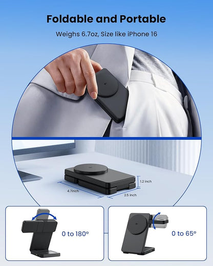Magnetic Wireless Charger Stand for iPhone: CIYOYO Qi2 15W Max 3-in-1 Fast Charging Station, Foldable Wireless Charger for iPhone 17 16 15 14 13 12 Series, Apple Watch & AirPods, Portable Travel Dock