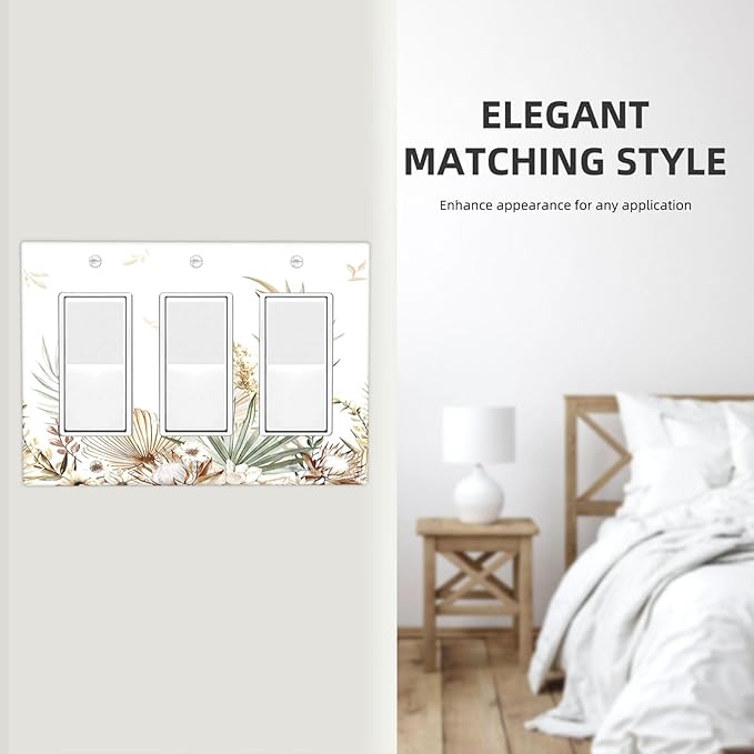 Light Switch Covers Boho Leaves Watercolor Tan Leaf Floral Plant 3 Gang Rocker Electrical GFCI Decorative Triple Outlet Wall Plate Cover Switchplate for Bedroom Home Decor