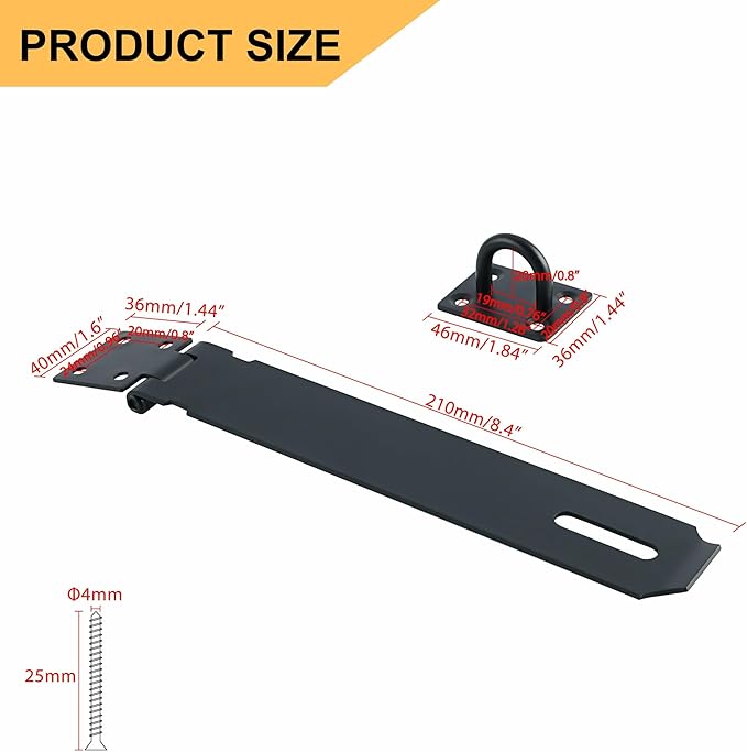 Alise Door Locks Hasp Latch,8 Inch SUS 304 Stainless Steel Safety Packlock Clasp Hasp Lock Latch,with Fixing Screw for External Doors Window Cabinet Pet Cage, Black MS9B-8C