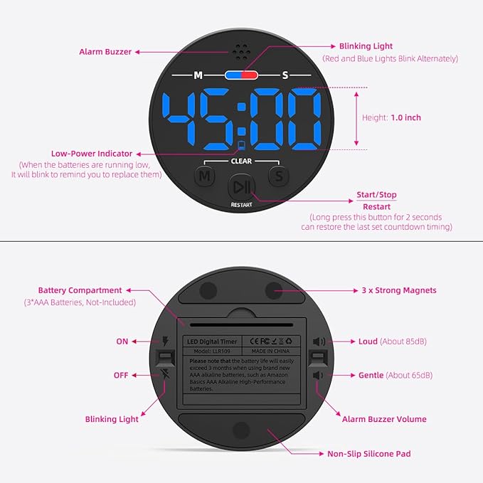 Visual Digital Timer for Kitchen, Classroom, Kids, Productivity, Magnetic Countdown Timer for Egg Cooking, Toddler, Focus, Work, Task, Small Desk with Large LED Display, Super Loud Alarm - Blue