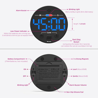Visual Digital Timer for Kitchen, Classroom, Kids, Productivity, Magnetic Countdown Timer for Egg Cooking, Toddler, Focus, Work, Task, Small Desk with Large LED Display, Super Loud Alarm - Blue