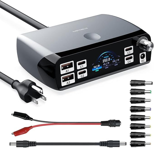 WOTOBEUS Charging Station (252W), 7-Ports (4 USB-C, 2 USB-A, 1 DC), Power Adapter with DC Power Supply Adjustable 3.3V~24.5V (0~60W) Converter and LED Display, for iPhone Laptops Monitor Electronics