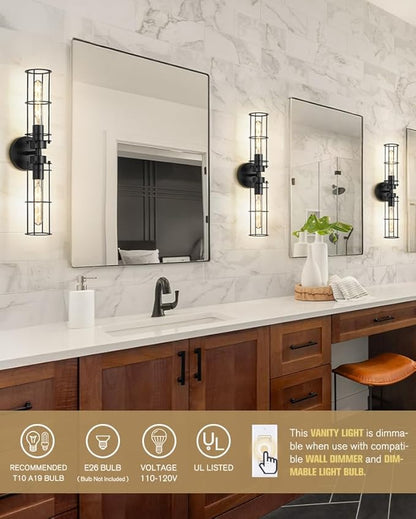 Emak 22 Inch Black Bathroom Light Fixtures Over Mirror, Modern Industrial 2 Light Vanity Light with Metal Shade, Farmhouse Cylinder Wall Sconces for Bathroom, Hallway, VL085-BK-MT-2