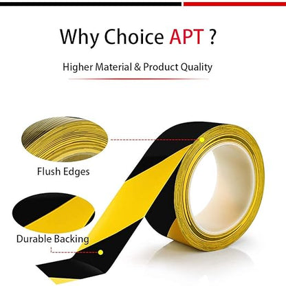 APT Premium Black and Yellow Striped Vinyl Floor Safety Marking Tape, Excellent for Hazard Caution& Warning, Social Distancing, Warehouse & Gym Floor (2 Inch, Yellow/Black)