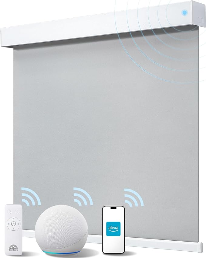 Smart Roller Shades for Windows, Alexa Blackout Motorized Blinds with Remote Control, Easy Install Automatic Electric Blinds for Indoor (48" W x 72" H, Gray Fabric & White Shell)