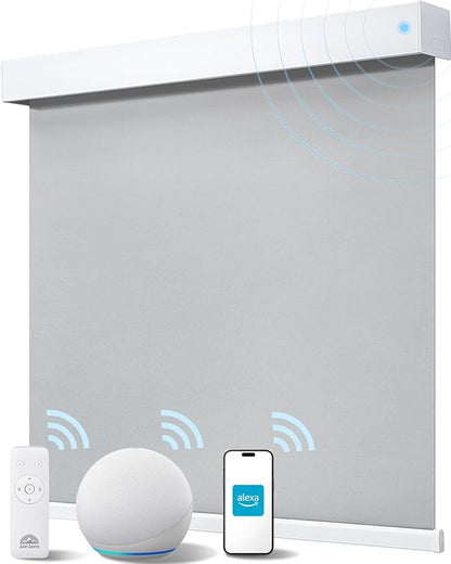 Smart Roller Shades for Windows, Alexa Blackout Motorized Blinds with Remote Control, Easy Install Automatic Electric Blinds for Indoor (24" W x 72" H, Gray Fabric & White Shell)