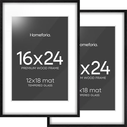 Homeforia 16x24 Black Wood Frame, High End Oak 16x24 Picture Frames with Mat 12x18 Photo, 16 x 24 Wooden Poster Frame Matted to 12 by 18 Print, 24x16 Hanging Frames, Tempered Glass, Wall Kit, Set of 2