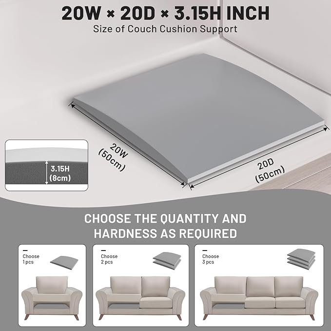 Couch Cushion Support for Sagging Seat – 3 Pack 20x20x3.15 Inch Sofa Cushion Board Saver & Replacement Insert for Saggy Couch or Chair, Quick No-Tool Install with 40D High Density Foam