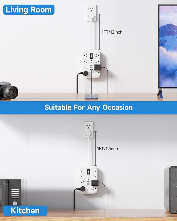 Short Extension Cord 1 ft - Small Power Strip Flat Outlet Extender Surge Protector with 8 AC Outlets 6 USB (5V/4.8A 24W), Mini Extension Cord Flat Wall Plug for Home Office Dorm Kitchen Bathroom