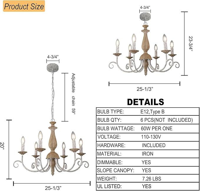 French Country Chandelier,6-Light Farmhouse Vintage Antique Brown Metal Chandelier Pendant Light Fixtures for Kitchen Island Dining Room Living Room Foyer Entryway Office