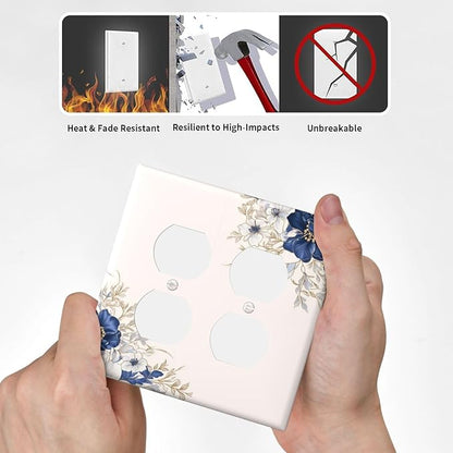 Decorative Outlet Covers Rustic Blue Beige Flower Peony Floral 2 Gang Light Switch Cover Plate Double Duplex Wall Plates for Electrical Outlets Switch Plate Covers for Bedroom Home Decor