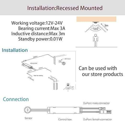 VST Motion Sensor Light Switch, IR Sensor Switch, Led Light Automatic Switch for Closet Light Under Cabinets Counters Wardrobes with 12V JST Male and Female (DC 12/24V 3A)
