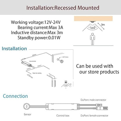 VST Motion Sensor Light Switch, IR Sensor Switch, Led Light Automatic Switch for Closet Light Under Cabinets Counters Wardrobes with 12V JST Male and Female (DC 12/24V 3A)