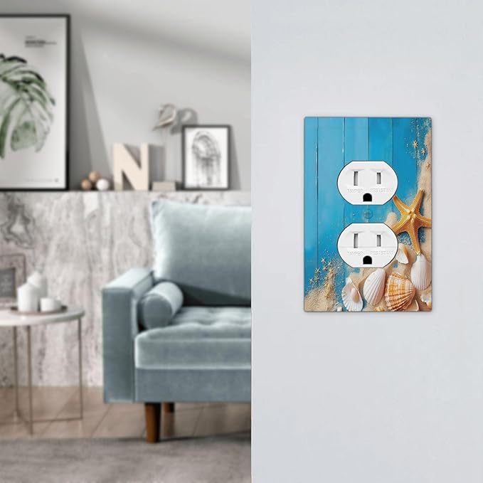 Outlet Covers Blue Wood Grain Beach Shell Starfish 1 Gang Duplex Wall Plate Decorative Switch Plates Electrical Receptacle Faceplate Light Switch Cover for Bathroom Farmhouse Decor
