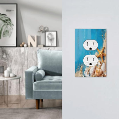 Outlet Covers Blue Wood Grain Beach Shell Starfish 1 Gang Duplex Wall Plate Decorative Switch Plates Electrical Receptacle Faceplate Light Switch Cover for Bathroom Farmhouse Decor