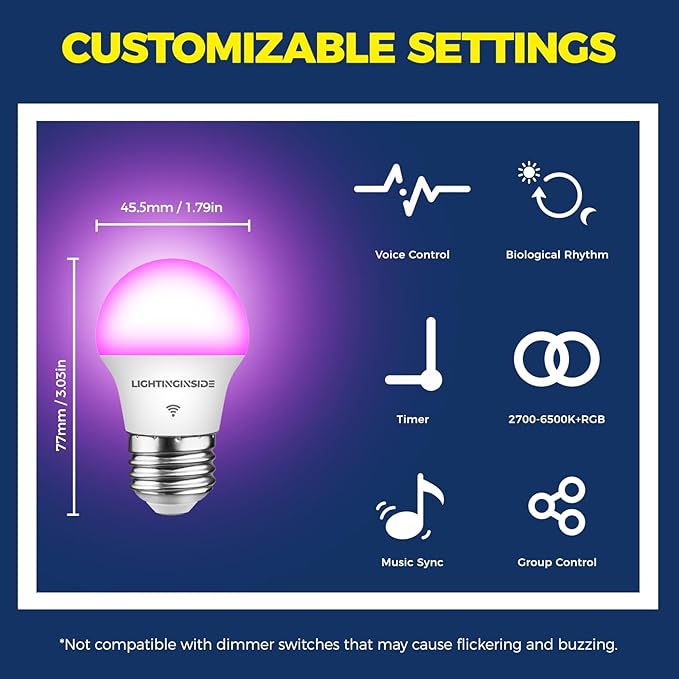 Lightinginside E26 Smart Light Bulbs 50W Equiv., G16.5 A15 RGBCW Small Chandelier Ceiling Fan Smart Bulb Works with Alexa/Google Home/Smart Life, 5W 550LM, 2.4G WiFi Bluetooth Bulb, ETL Listed, 6PCS