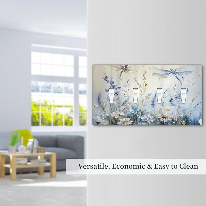 Decorative Light Switch Cover Plate Watercolor Dragonfly Blue Wihte Flower 4 Gang Wall Plates for Electrical Outlets Quad Toggle Switch Plate Covers Outlet Covers Faceplate for Bedroom Decor