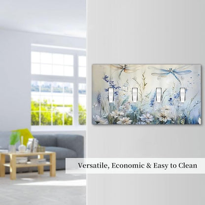 Decorative Light Switch Cover Plate Watercolor Dragonfly Blue Wihte Flower 4 Gang Wall Plates for Electrical Outlets Quad Toggle Switch Plate Covers Outlet Covers Faceplate for Bedroom Decor