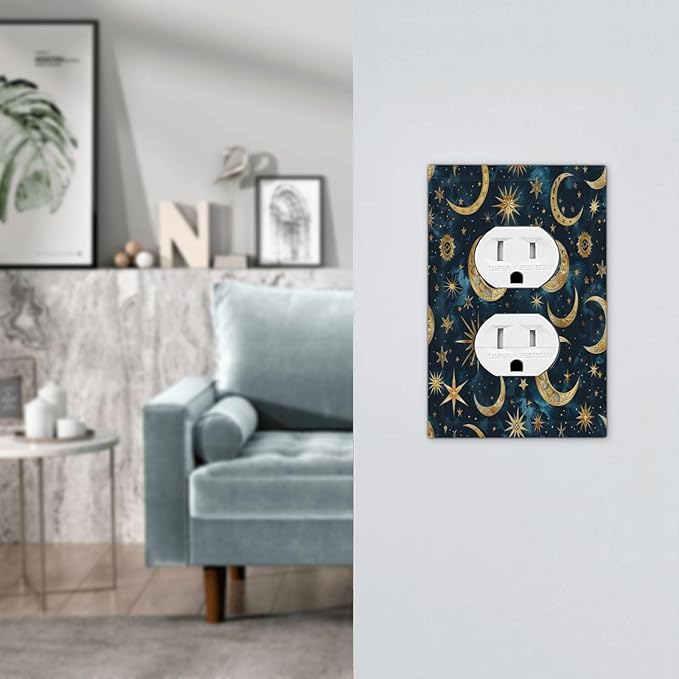 Outlet Covers Modern Abstract Sky Blue Gold Moon Sun Star 1 Gang Duplex Wall Plate Decorative Switch Plates Electrical Receptacle Faceplate Light Switch Cover for Bedroom Kids room Decor