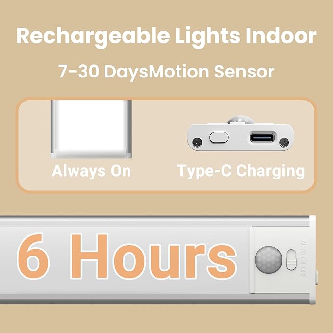 Under Cabinet Lights, Motion Sensor Magnetic LED Light, 12 inch 1500mAh Rechargeable Battery Dimmable Lights with 3 Color Temps, Indoor Wireless Lighting for Kitchen, Closet, Pantry, Counter, 2 Pack
