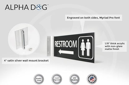 ALPHA DOG SIGNS Corridor Projecting Hallway Bathroom Sign, Left Arrow, 4"x12" Double Sided, Indoor/Outdoor, Easy Install, Durable Business Wayfinding Plaque, USA-Made (Black)