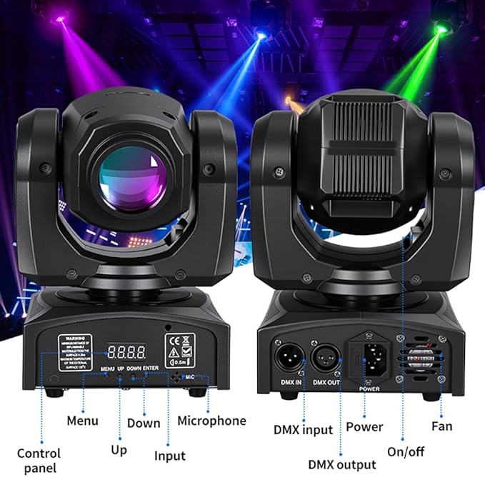 MINGJIE 60W LED Moving Head Stage Lights with DMX512 Control - 8 Gobos & 8 Colors, Sound Activated, 540° Pan & 270° Tilt, Compact DJ Light for Wedding, Party Stage Lighting (1Pack=2PCS)