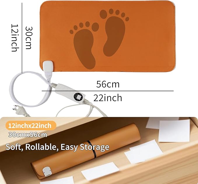 Electric Heated Floor Mat Under Desk - 110V Foot Warmer 22x12 for Office & Home | Fast Graphene Heating (5 Min) | Adjustable Temp 140°F | Waterproof PU Leather | Auto Shut-Off - Silent & Portable
