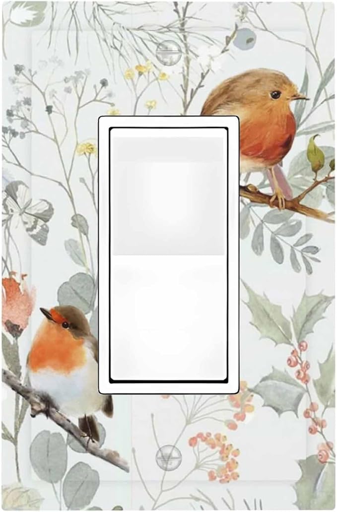 Decorative Outlet Covers Red Floral Berries Colorful Bird Plant 1 Gang Single Rocker Light Switch Cover Plate Wall Plates Gfci Faceplate For Bed Room Living Room Decor