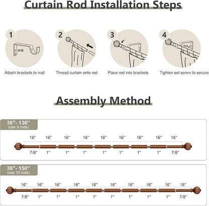 Imitation Wood Curtain Rods for Windows 72 to 144 Inch, 1 Inch Adjustable Heavy Duty Decorative Drapery Rods with Classic Finials, Red Imitation Wood Window Curtain Pole, Size 36-150''