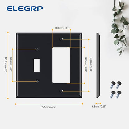 Combination Wall Plate ELEGRP 2-Gang 1-Toggle Light Switch 1-Decorator/GFCI Device Combination Wall Plates, Mid-Size 4.88" x 4.94" Unbreakable Thermoplastic Faceplate Cover, UL (1 Pack, Glossy Black)