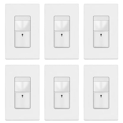 TOPGREENER Motion Sensor Switch, PIR Sensor with Ambient Light Level, Occupancy & Vacancy Modes, No Neutral Required, Ground Wire Required, 150W LED/CFL, Single Pole, TDOS5-JM-W-6PCS, White, 6 Pack