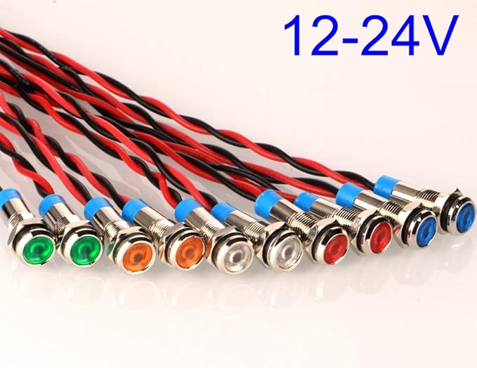 10pcs 6mm 1/4" AC/DC 12-24V LED Metal Indicator Light Waterproof Signal Lamp Pilot Dash Directional Car Truck Boat with Wire