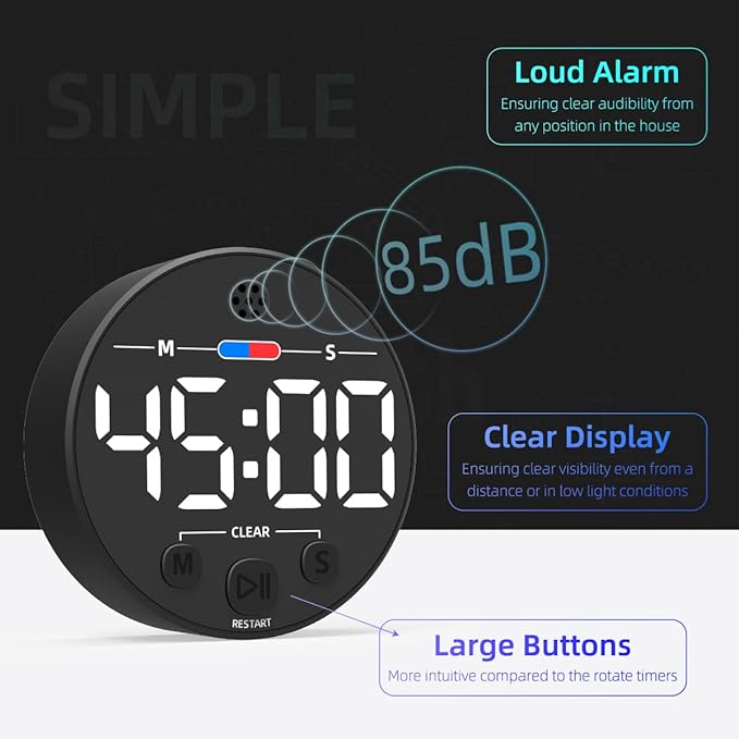 Visual Digital Timer for Kitchen, Classroom, Kids, Productivity, Magnetic Countdown Timer for Egg Cooking, Toddler, Focus, Work, Task, Small Desk Timer with Large LED Display, Super Loud Alarm - White
