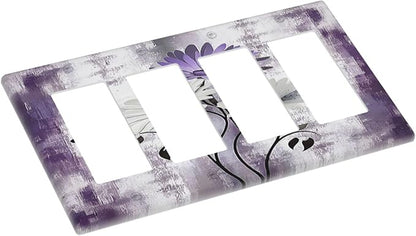 Purple Daisy White Floral Butterfly Flowers 4 Gang Wall Plates Outlet Covers Quad Rocker Light Switch Cover Plate Decorative Switch Plates GFCI Electrical Faceplate for Bathroom Bedroom 4.5 X 8 IN