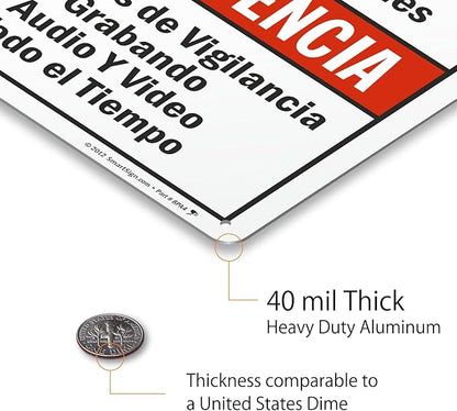 SmartSign-S-9392-AL-14 Warning - Audio & Video Surveillance On Duty At All Times Bilingual Sign By | 10" x 14" Aluminum - Black/Red on White