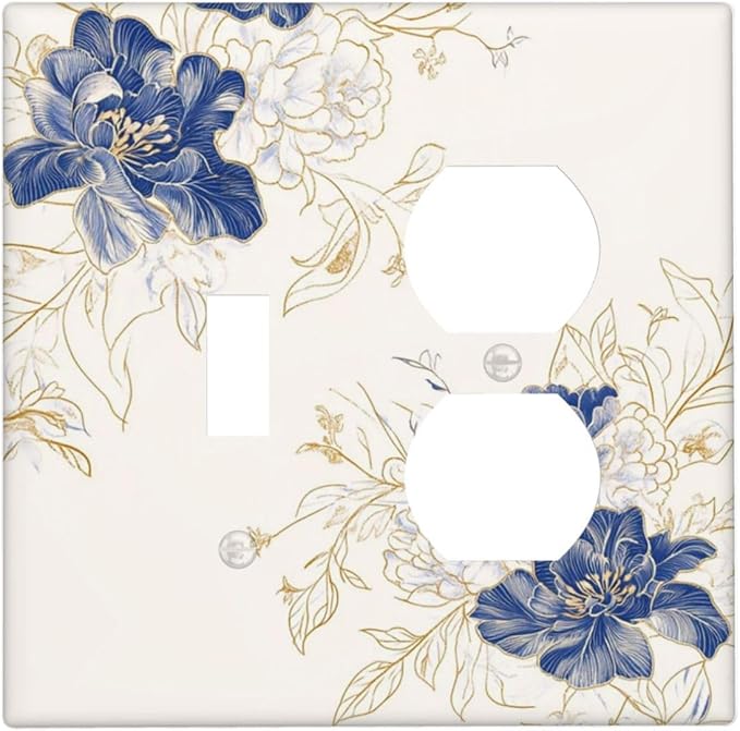 Decorative Outlet Covers Rustic Blue Flower Floral Gold Leaf 2 Gang Light Switch Cover Plate Single Toggle Duplex Wall Plates for Electrical Outlets Switch Plate Covers for Home Decor