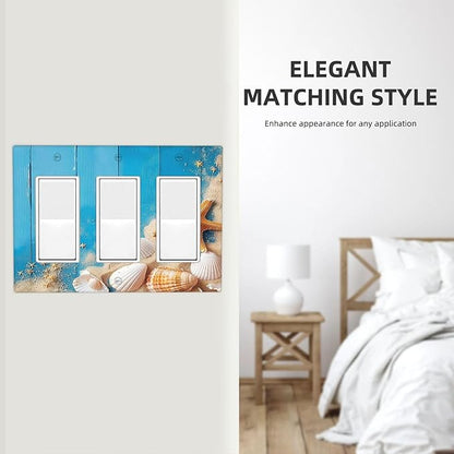 Light Switch Covers Blue Wood Grain Beach Shell Starfish 3 Gang Rocker Electrical GFCI Decorative Triple Outlet Wall Plate Cover Switchplate for Bathroom Farmhouse Decor