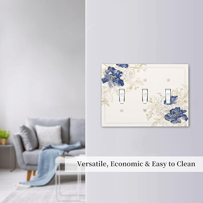 Decorative Light Switch Cover Plate Rustic Blue Flower Floral Gold Leaf 3 Gang Wall Plates for Electrical Outlets Triple Toggle Switch Plate Covers Outlet Covers Faceplate for Home Decor