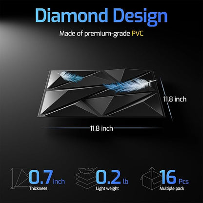 16 Pack 3D Wall Panels for Interior Wall Decor, 11.8'' x 11.8'' Decorative Wall Panels, Accent Wall Panels, 3D Diamond Design Wall Decor for Living Room, Bedroom, Gaming Room, Black