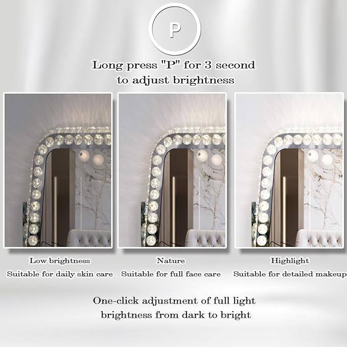 Hollywood Crystal Vanity Mirror with Lights 3 Color Adjustable Brightness Light 360° Rotation Large Crystal Lighted Vanity Mirror for Tabletop Desk Crystals LED Makeup Mirror with Lights